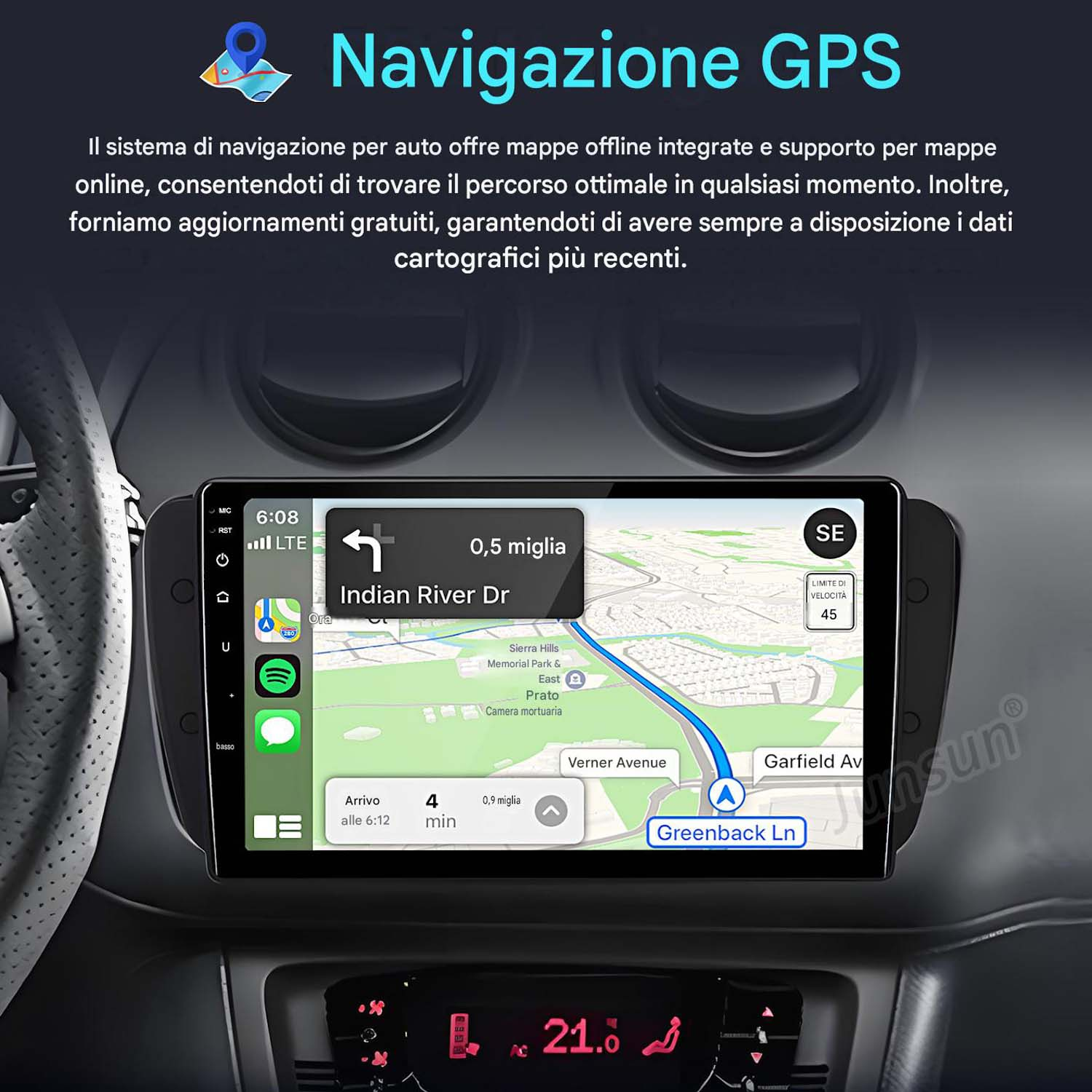 Un sistema di navigazione per auto mostra un percorso su uno schermo. Ora attuale: 6:08.