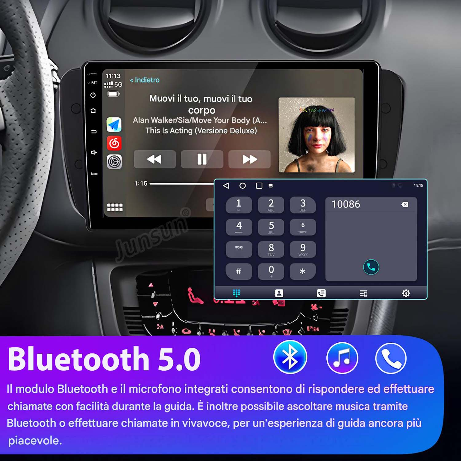 Interno auto con touchscreen che mostra musica e tastierino numerico.
