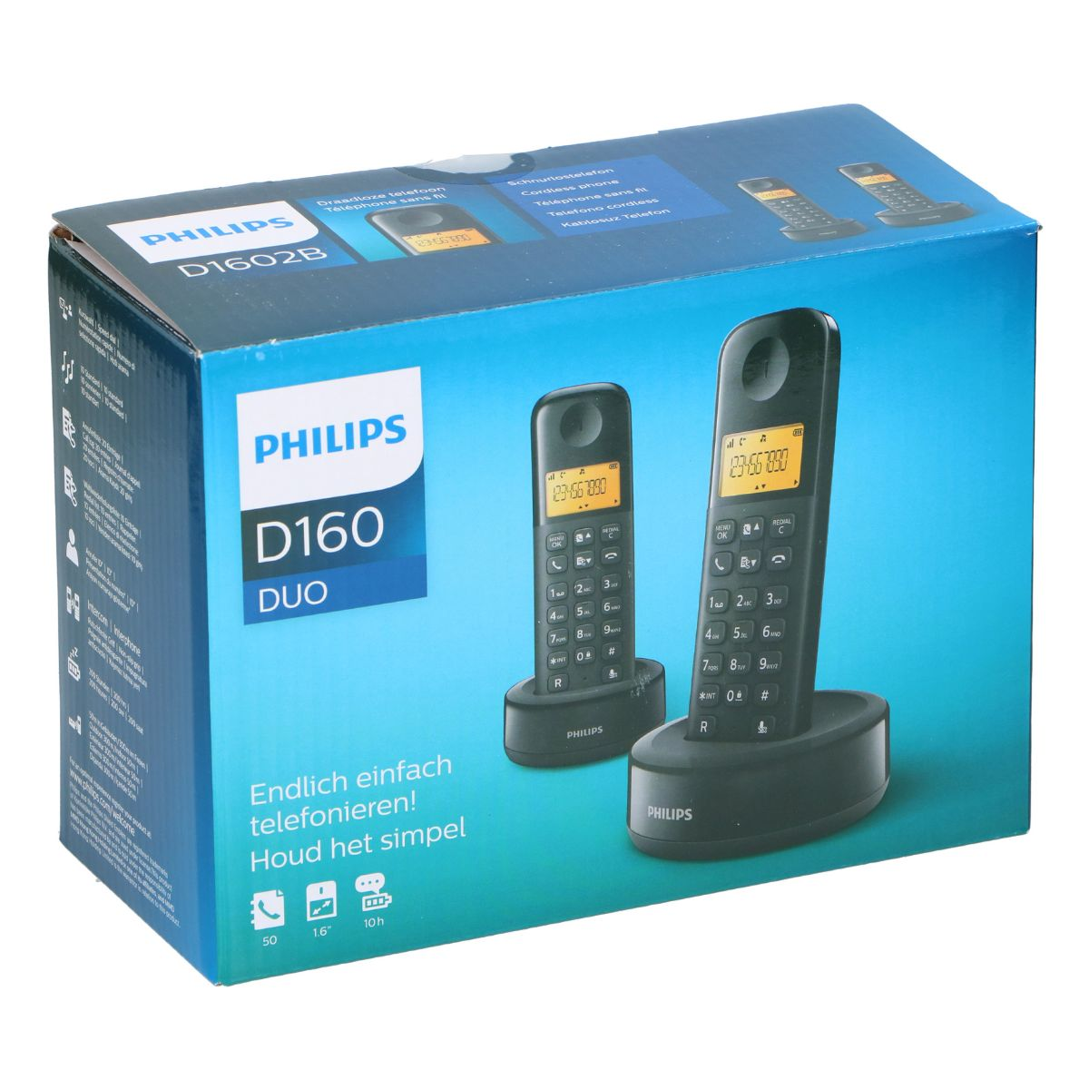 Verpackung eines Philips D160 Duo Schnurlostelefons mit zwei schwarzen Telefonen.