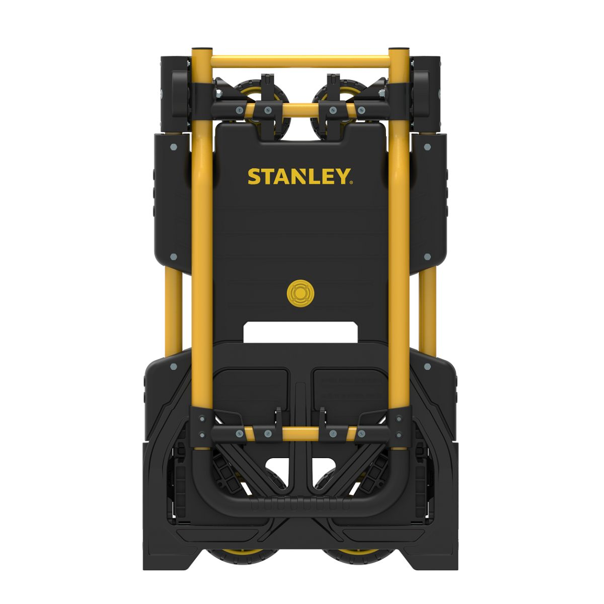 Un carrello Stanley pieghevole nero e giallo è mostrato in posizione verticale su sfondo bianco.