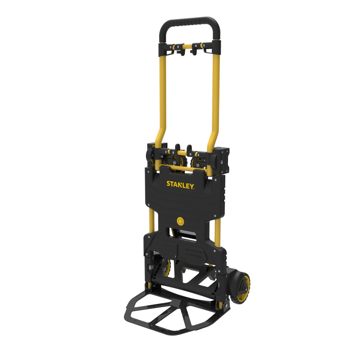 Un carrello pieghevole Stanley nero e giallo con ruote e manico.