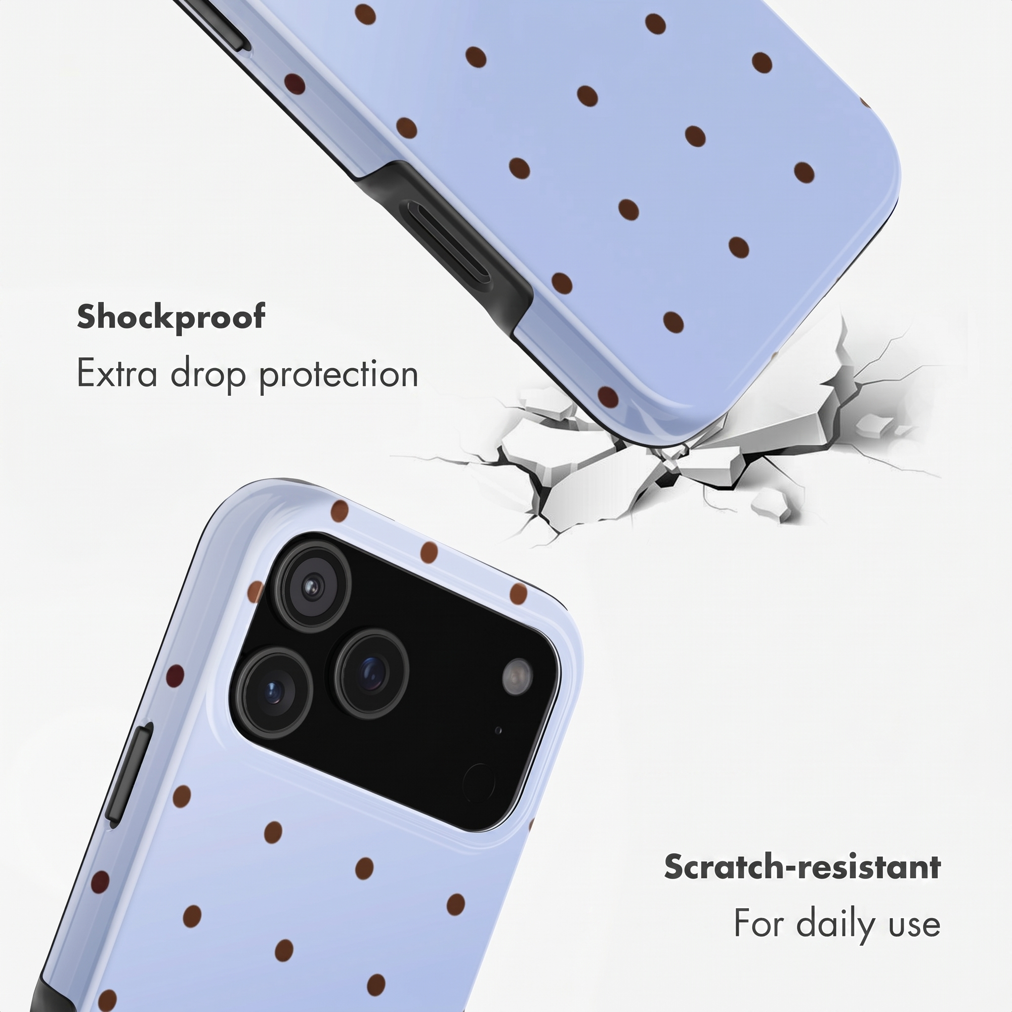 Ein hellblaues Handycover mit braunen Punkten, das Schutz bietet.