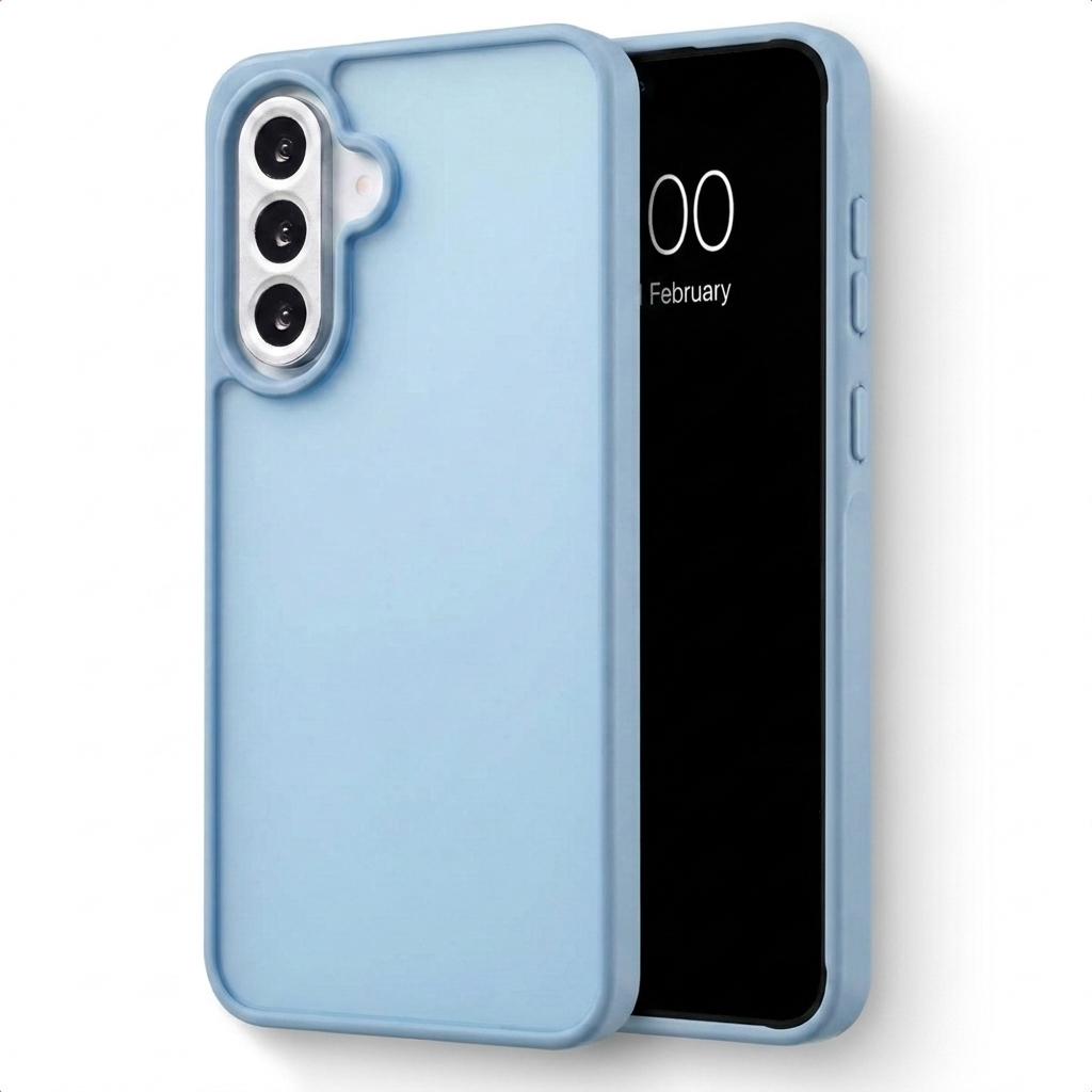 Custodia per telefono azzurra con tre fotocamere sul retro.