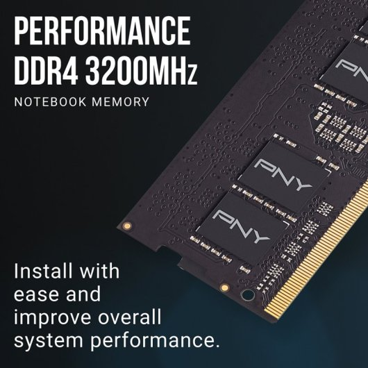 Pamięć do notebooka DDR4 3200MHz z logo PNY, pokazująca łatwą instalację i wzrost wydajności.