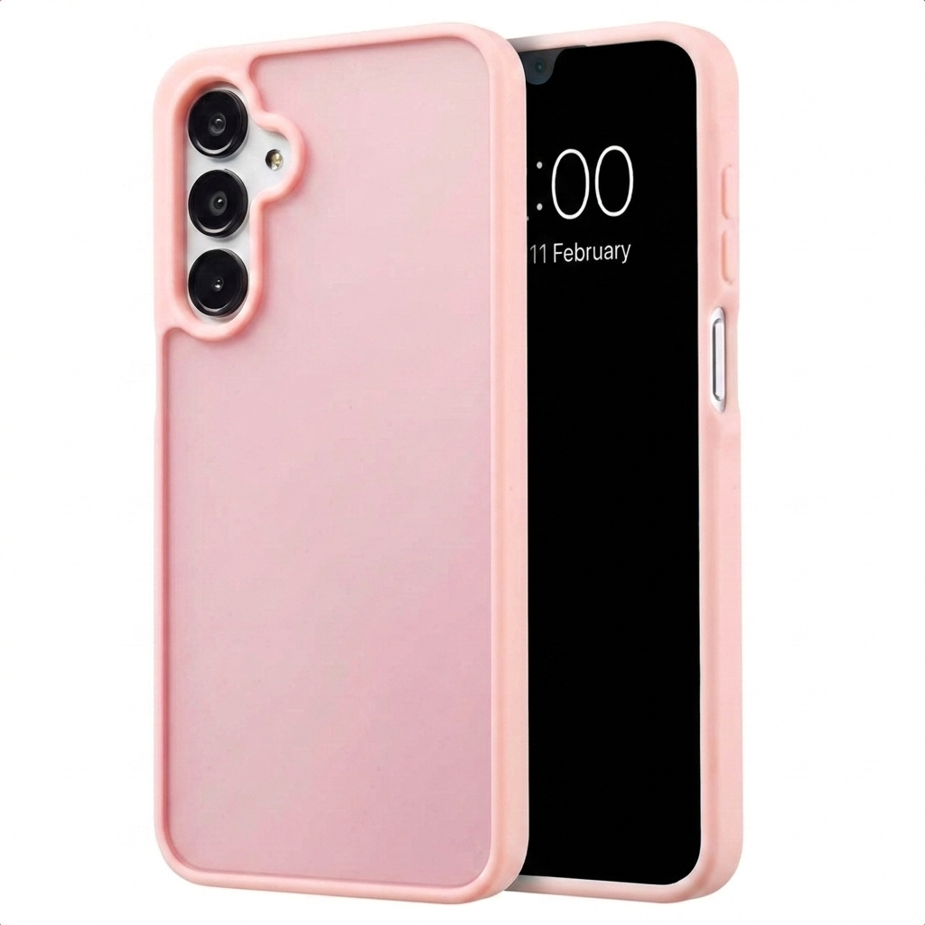Una cover rosa per telefono con tre fotocamere e schermo smartphone.
