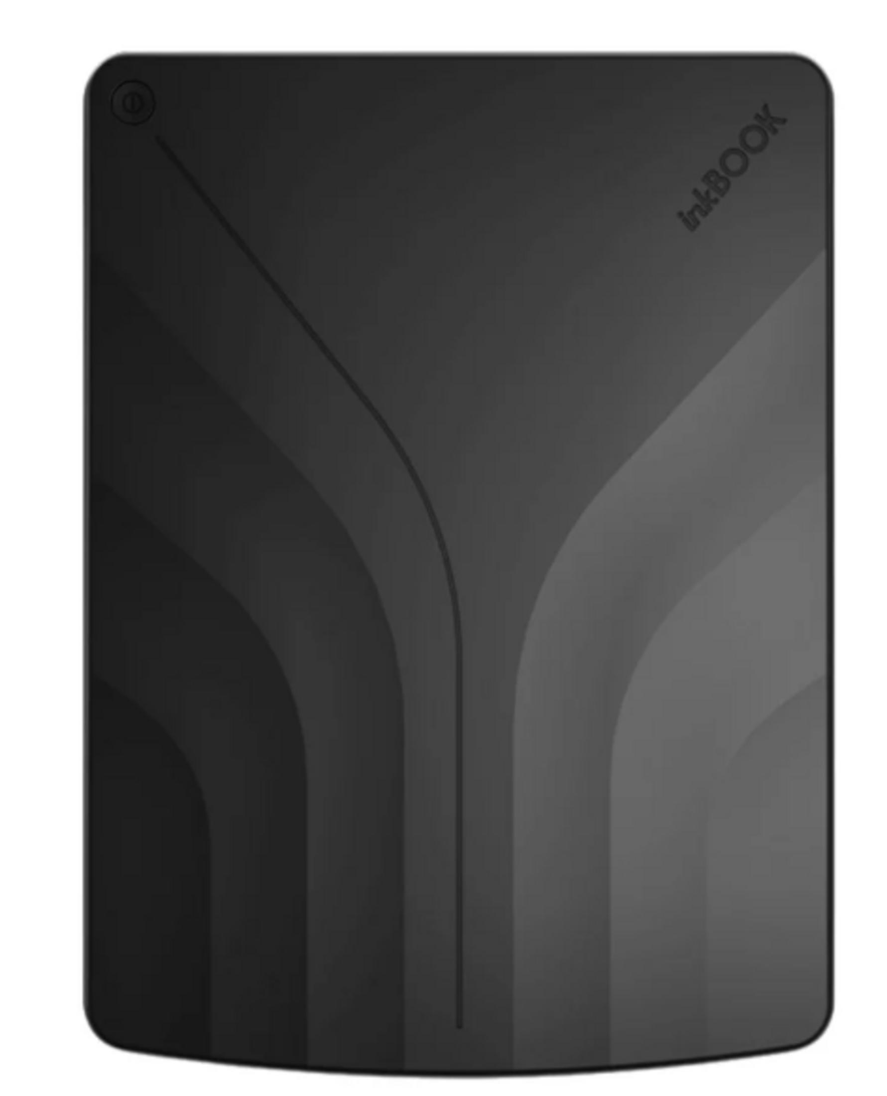 Un dispositivo e-reader InkBOOK nero con linee curve e un logo.