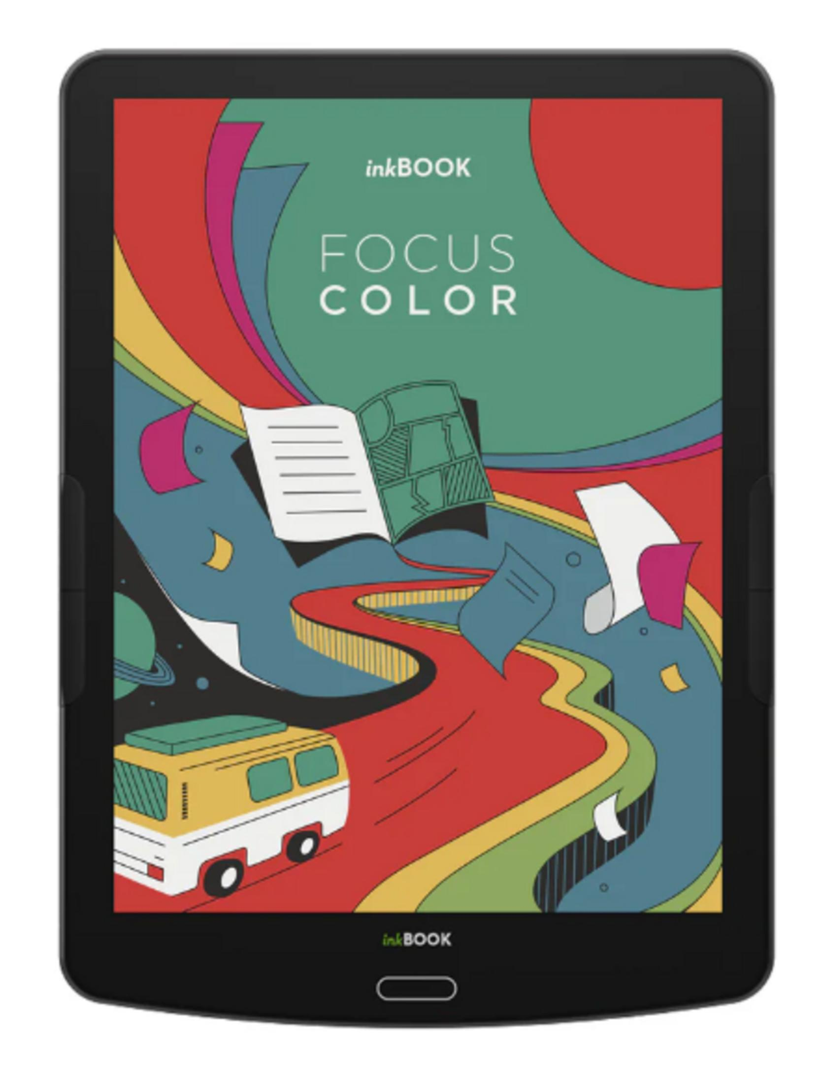 Tablet con "FOCUS COLOR" e arte astratta: furgone, libro, carte, pianeti.
