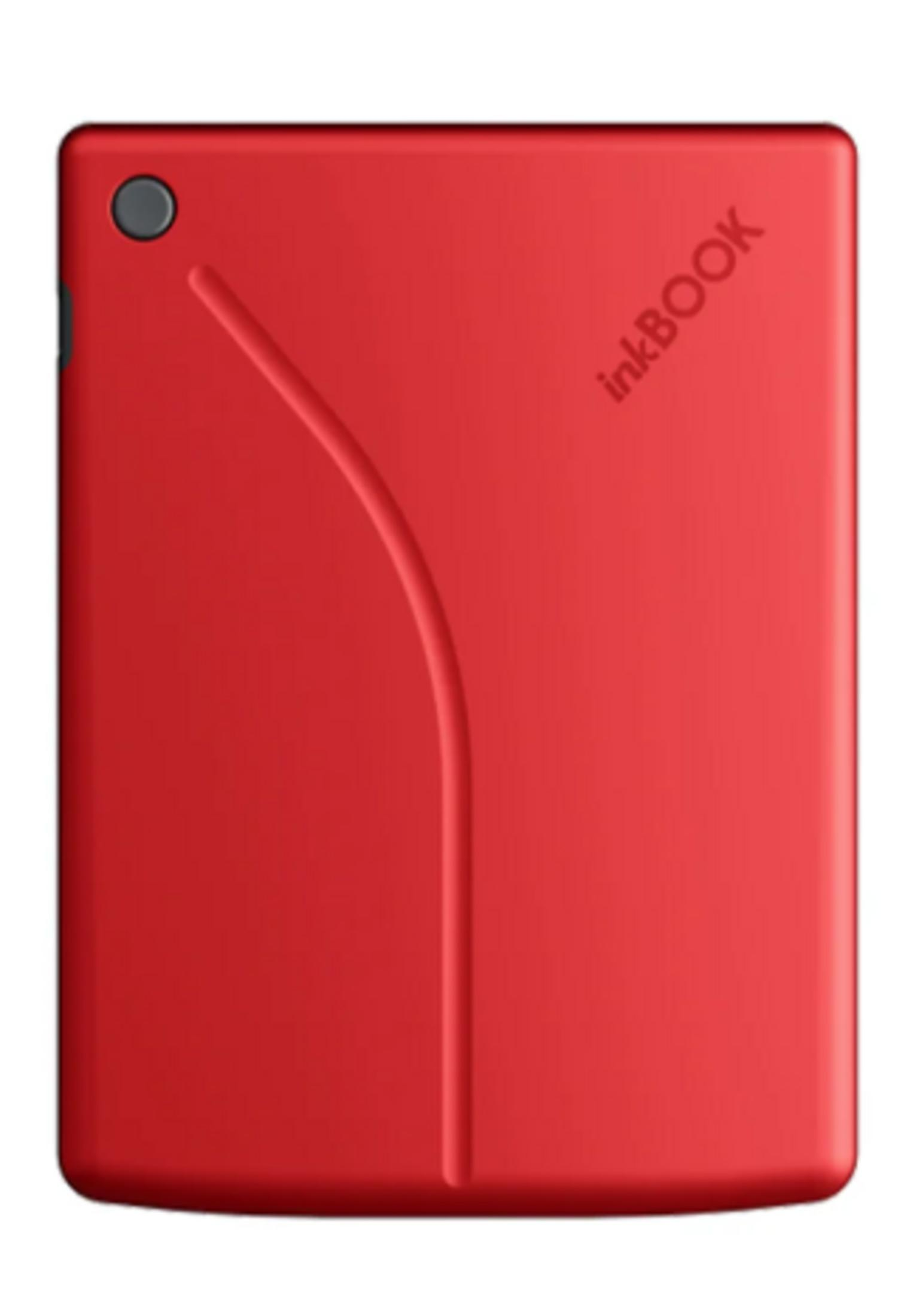 E-reader Inkbook rosso con linea curva e pulsante sul retro.