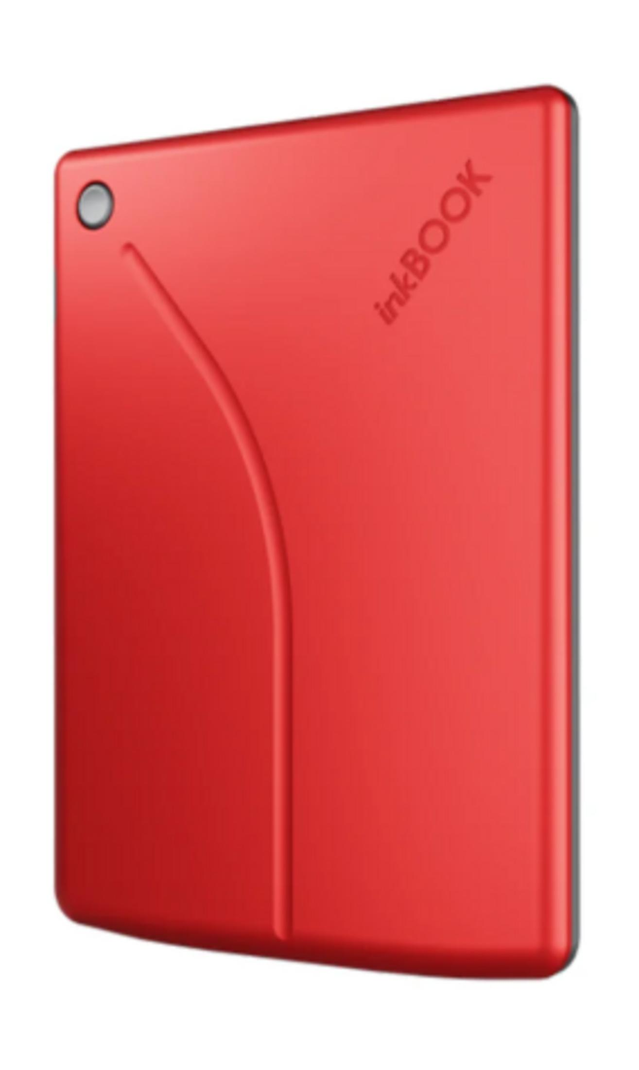 Un e-reader inkBOOK rosso con un design a linea curva sulla copertina.