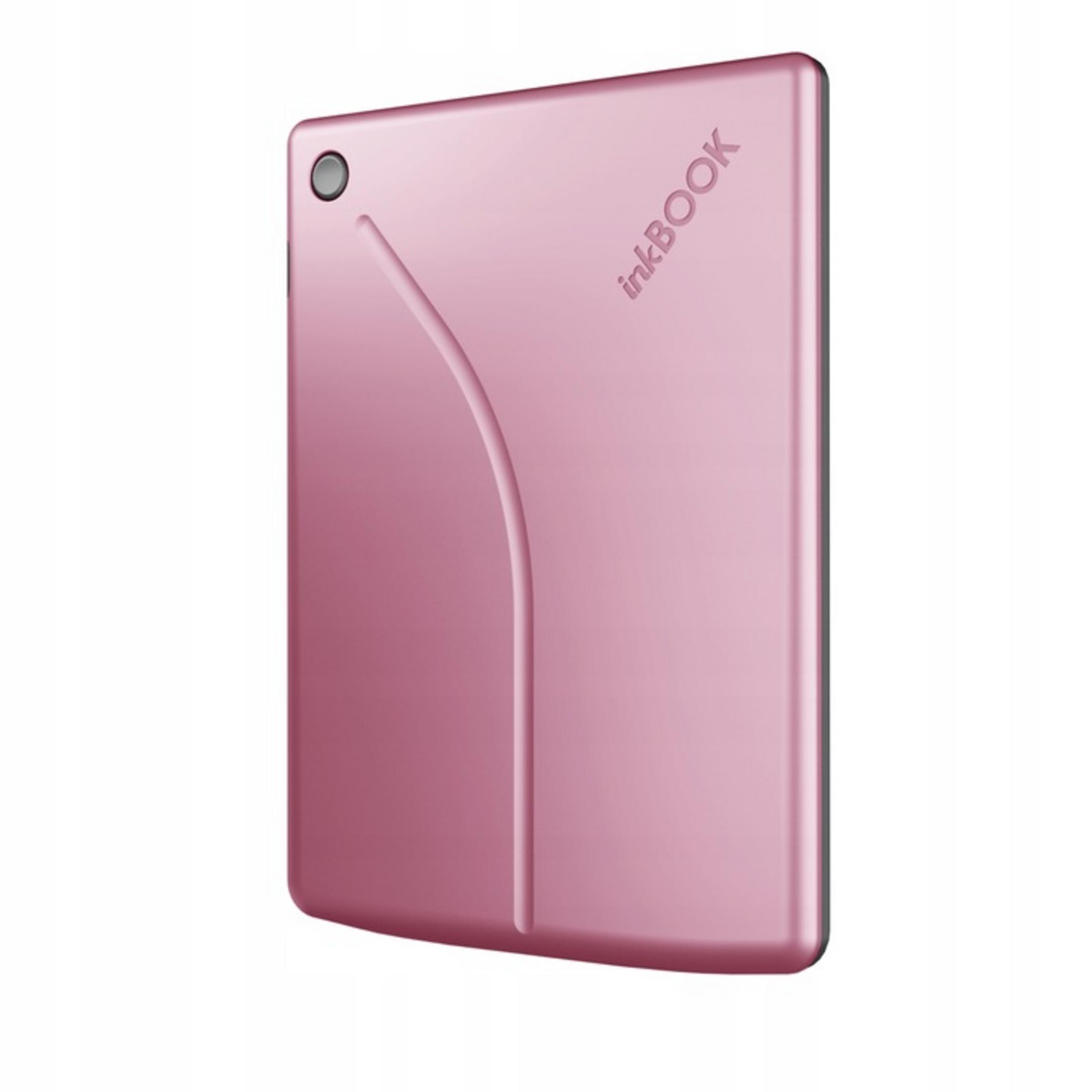 Un e-reader rosa con il logo "inkBOOK" sulla sua superficie.