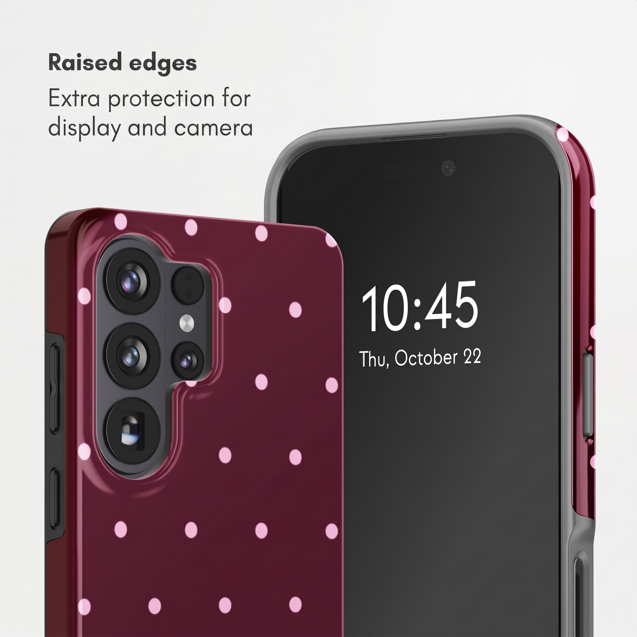 Bordeauxrotes Handyhülle mit rosa Punkten und Kameraobjektiven neben einem Smartphone.
