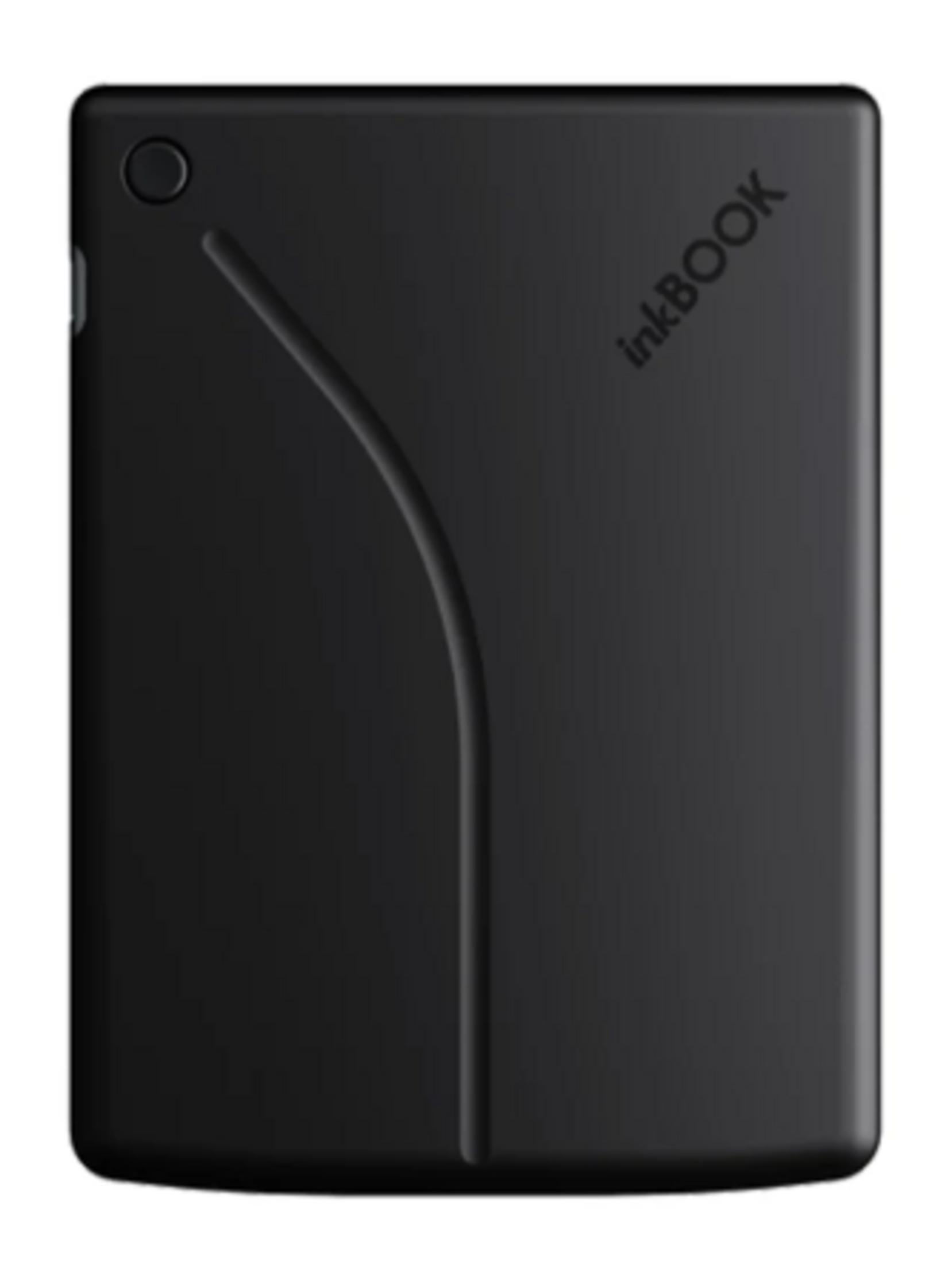 Un e-reader nero con logo "inkBOOK" e un design a linea curva.
