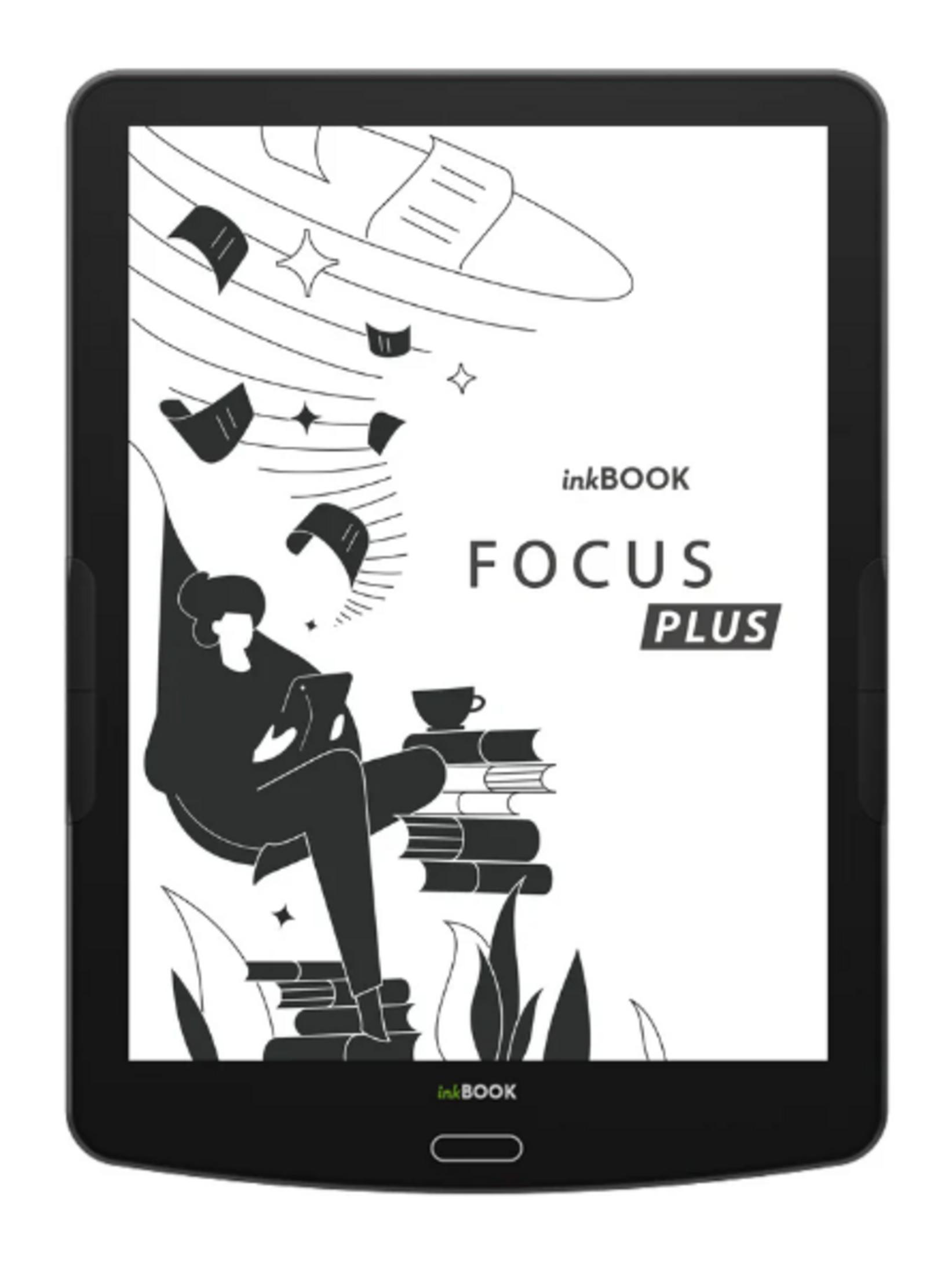 Un e-reader mostra un'illustrazione in bianco e nero di un panda che legge.