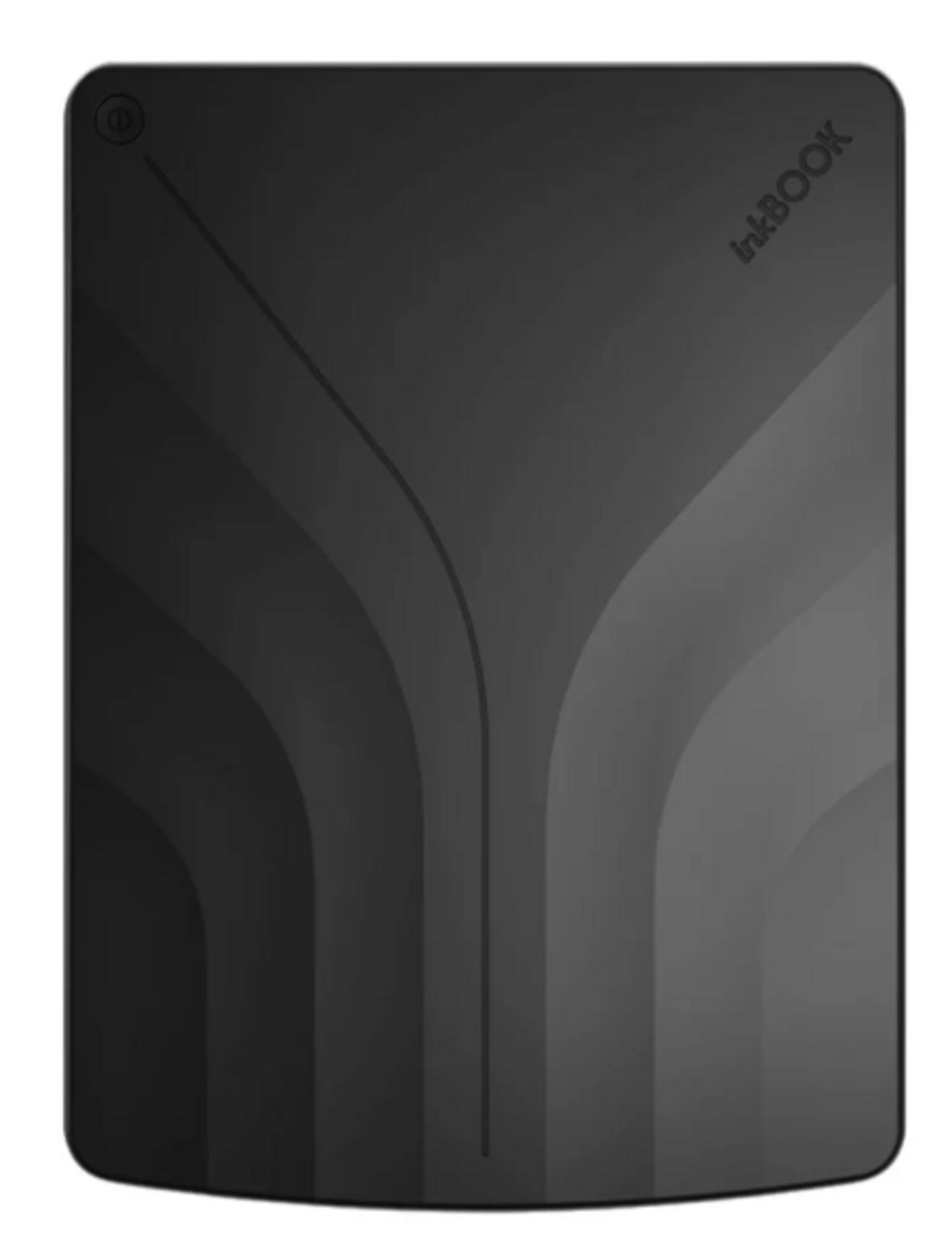 Un e-reader InkBook nero con finitura opaca liscia e linee curve sottili.