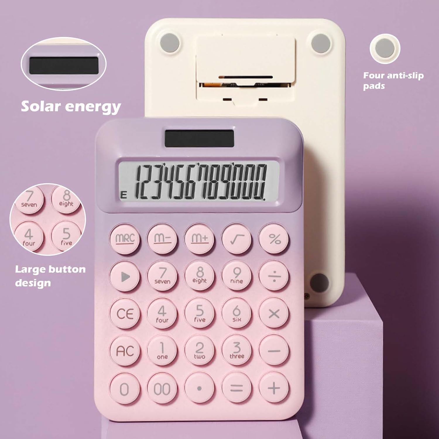 Ein pastellfarbener Rechner in Pink und Lila mit großem Display und großen Tasten.