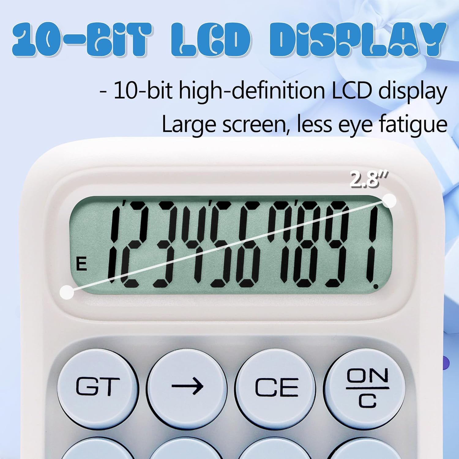 Ein weißer Taschenrechner mit einem 2,8-Zoll-LCD-Bildschirm, der '1234567891' anzeigt.
