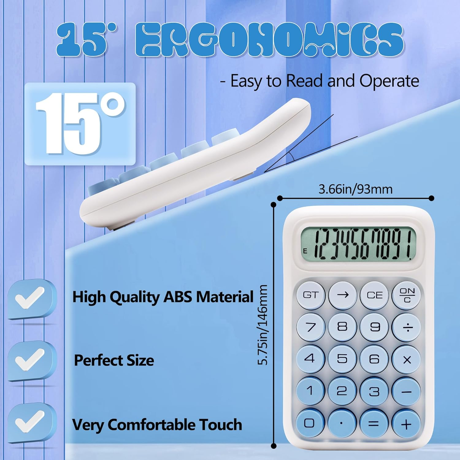 Ein weißer Taschenrechner mit 15 Grad Neigung, ABS-Material, perfekte Größe.