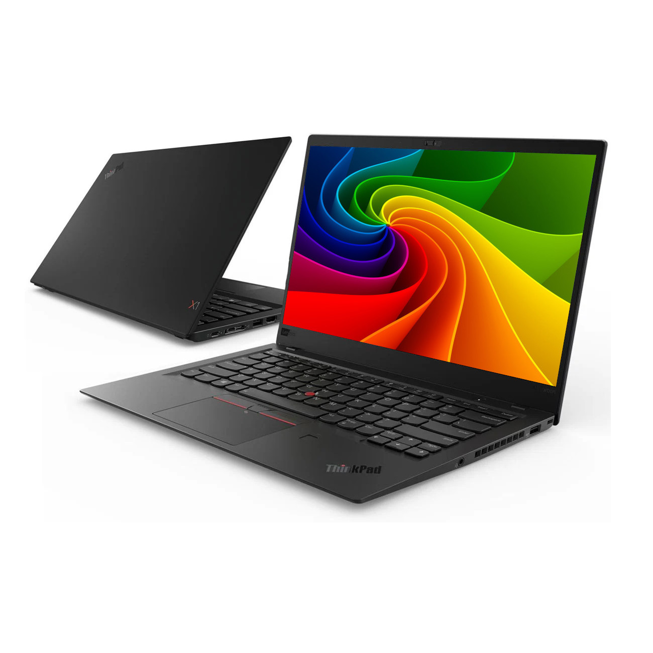 Zwei schwarze Laptops, einer geöffnet mit farbigem Hintergrund, der andere geschlossen.
