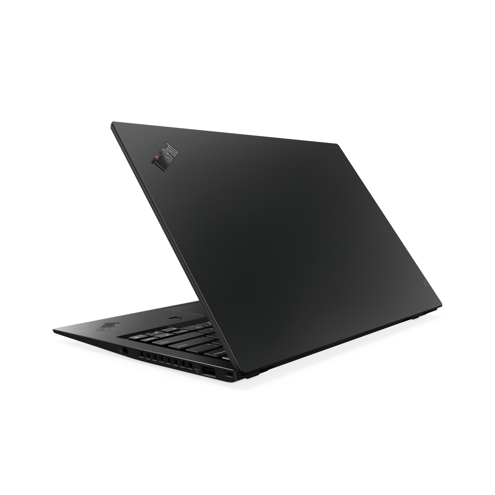 Schwarzer Laptop mit ThinkPad-Logo, auf weißem Hintergrund.
