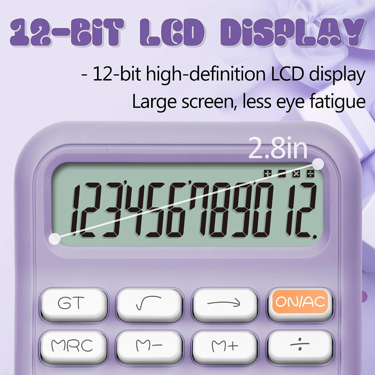 Lila Taschenrechner mit 2,8-Zoll-LCD-Display, das Zahlen anzeigt.