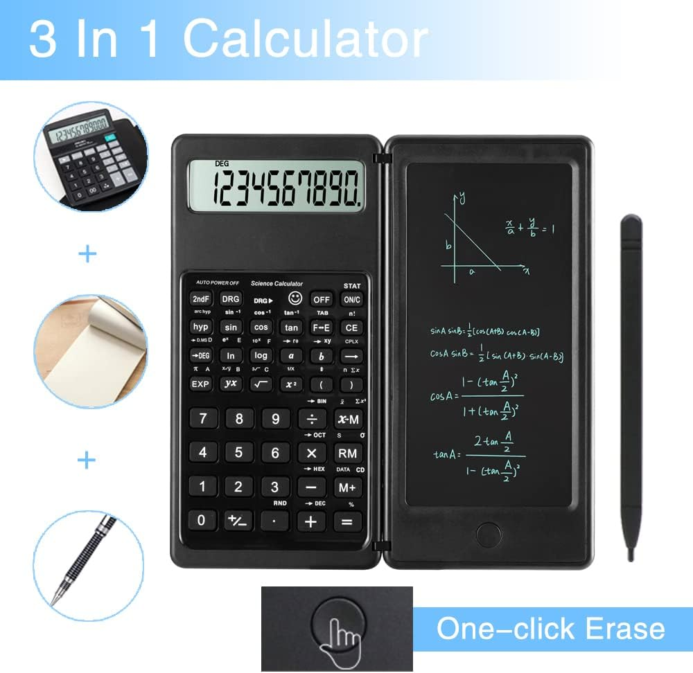 Ein schwarzer 3-in-1-Taschenrechner mit einem LCD-Bildschirm, der Zahlen anzeigt, und einer zweiten Seite mit mathematischen Formeln.