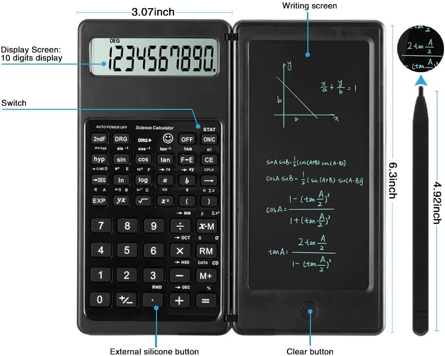 Ein schwarzer, aufklappbarer wissenschaftlicher Taschenrechner mit Display und Tastatur.
