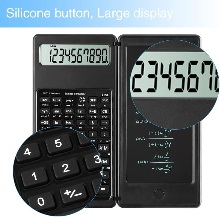 Ein schwarzer Taschenrechner mit aufklappbarem Deckel und großen Tasten. Zeigt Zahlen und mathematische Formeln.