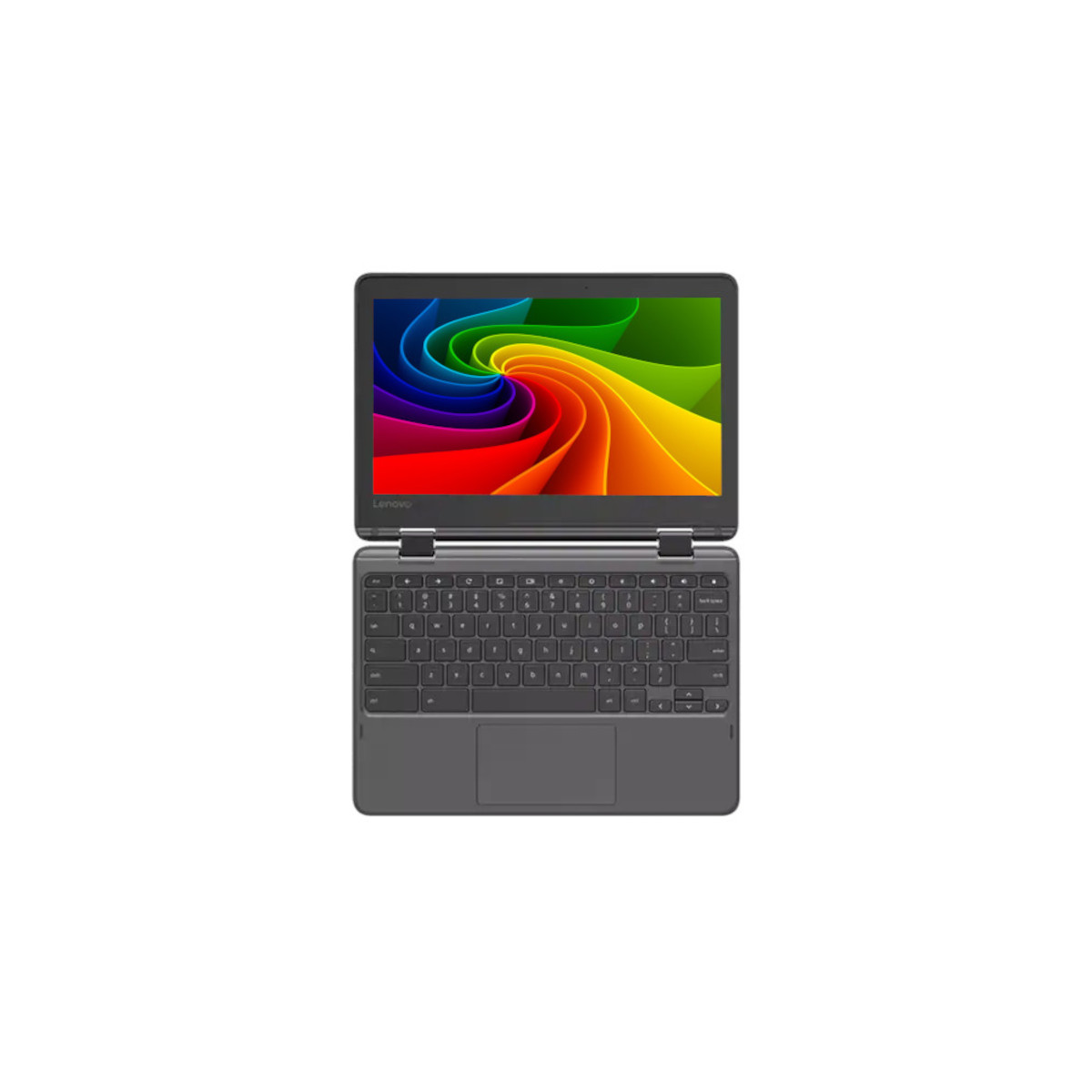 Ein graues Lenovo-Chromebook mit einem Regenbogen-Wirbel-Hintergrundbild auf dem geöffneten Bildschirm.