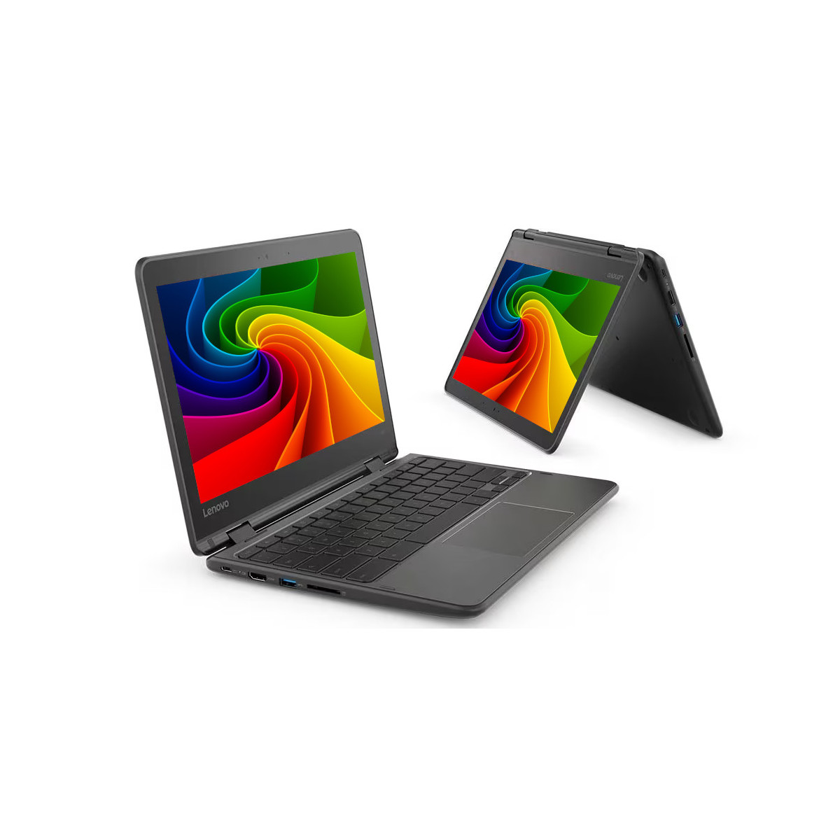 Zwei schwarze Laptops mit Regenbogen-Display, einer offen, einer zugeklappt.