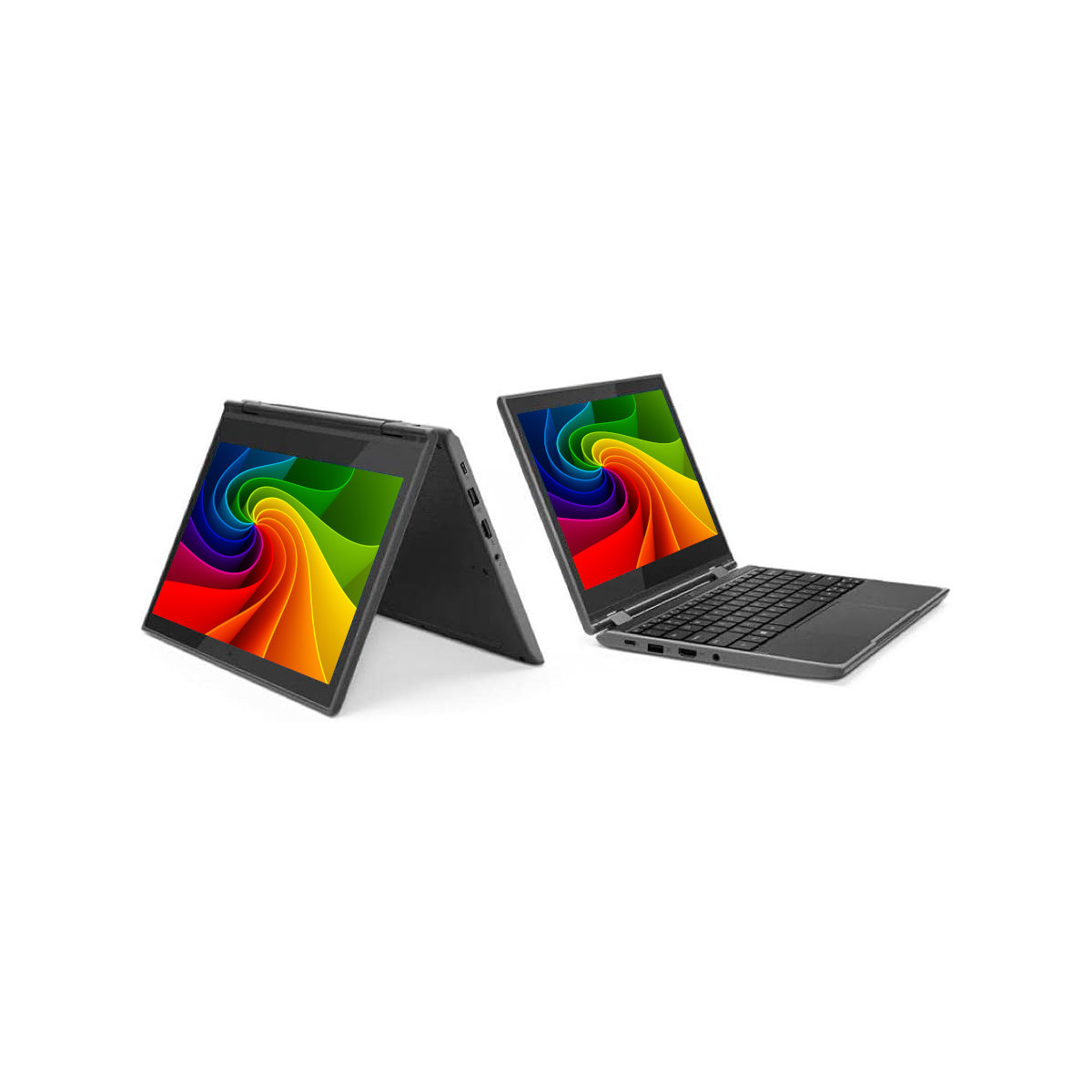 Zwei schwarze Laptops mit Regenbogen-Wirbelmuster auf dem Bildschirm