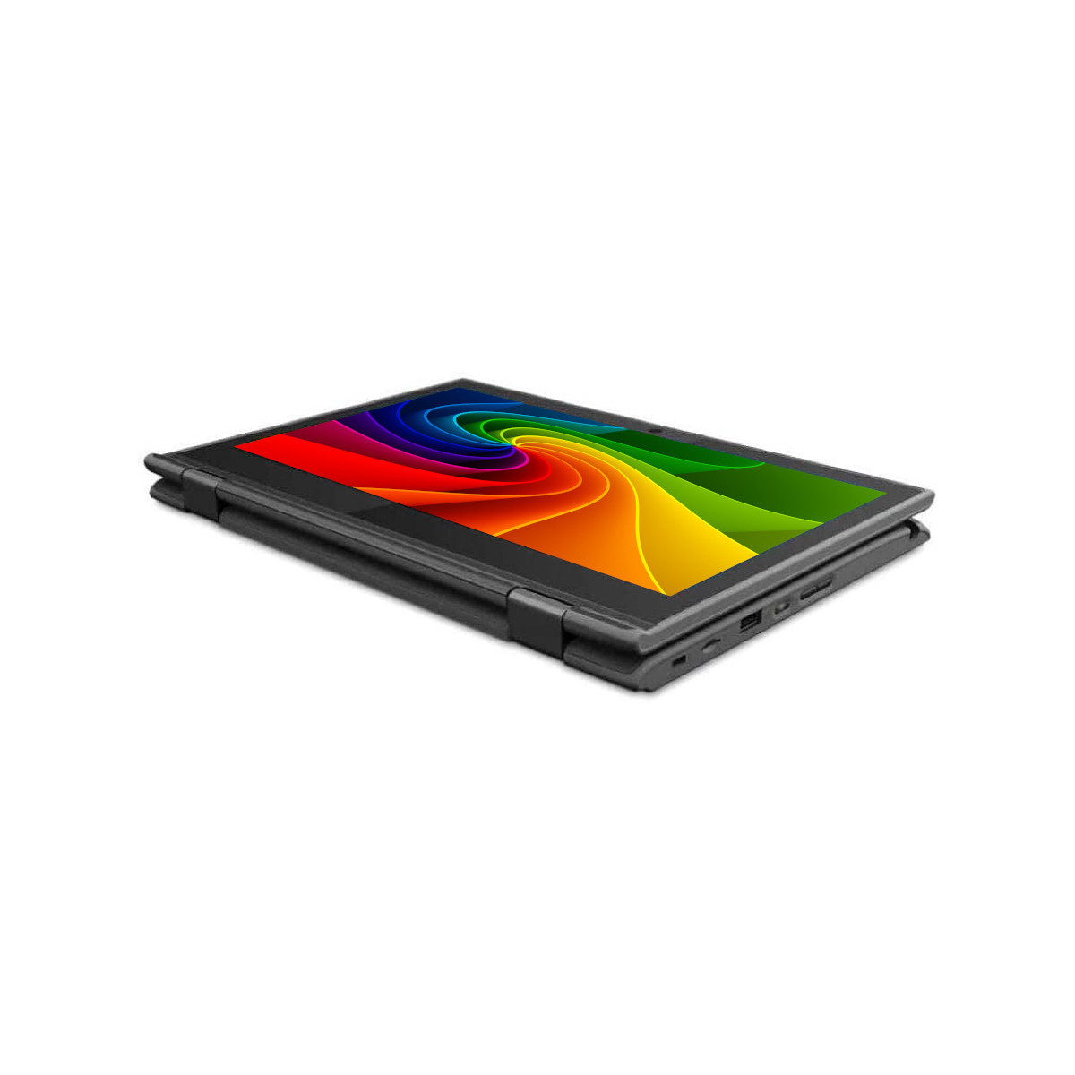 Ein schwarzes Convertible-Notebook mit einem bunten Wirbelmuster auf dem Bildschirm.