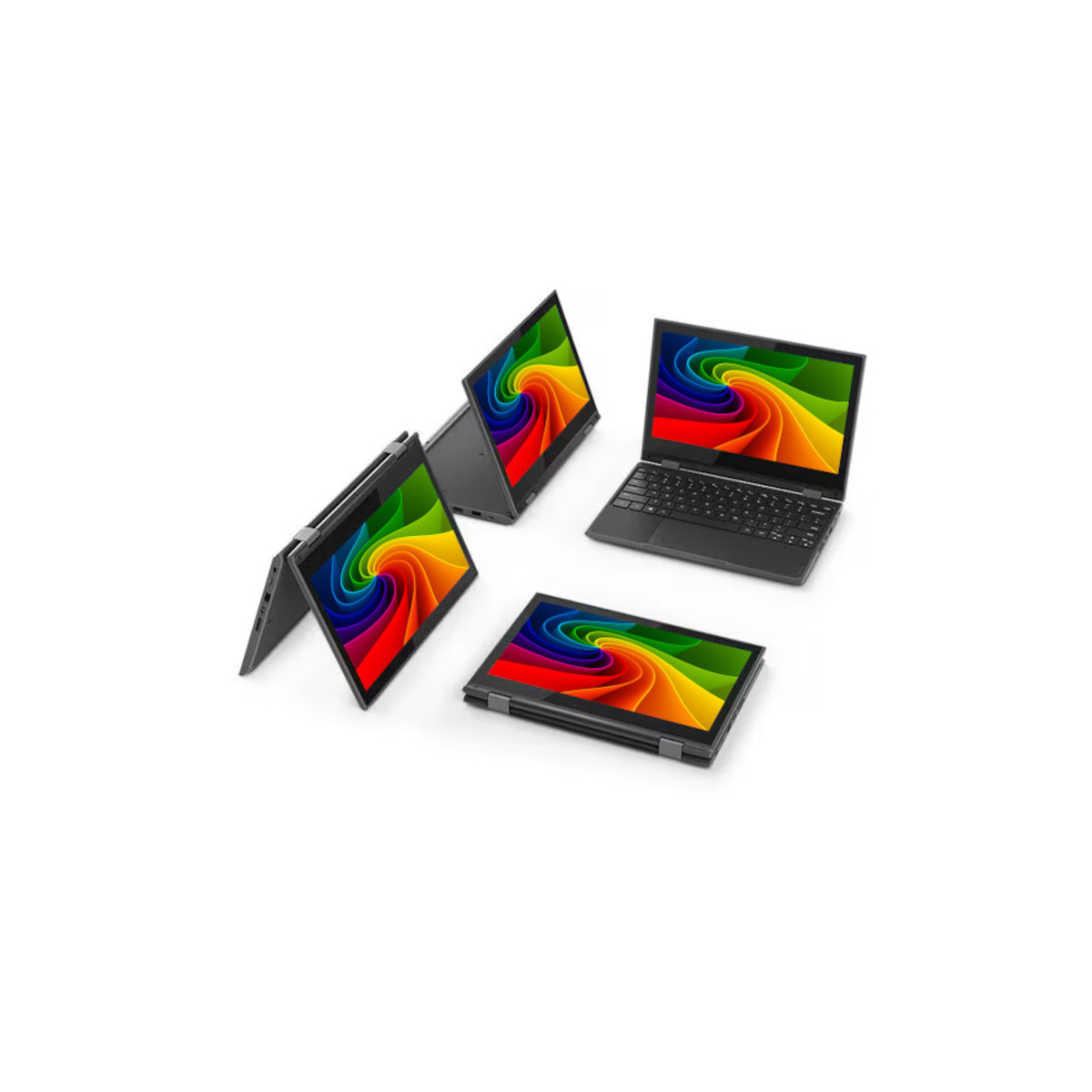 Vier schwarze Laptops auf weißem Hintergrund, drei davon geöffnet, alle mit Regenbogen-Wirbel auf dem Bildschirm.