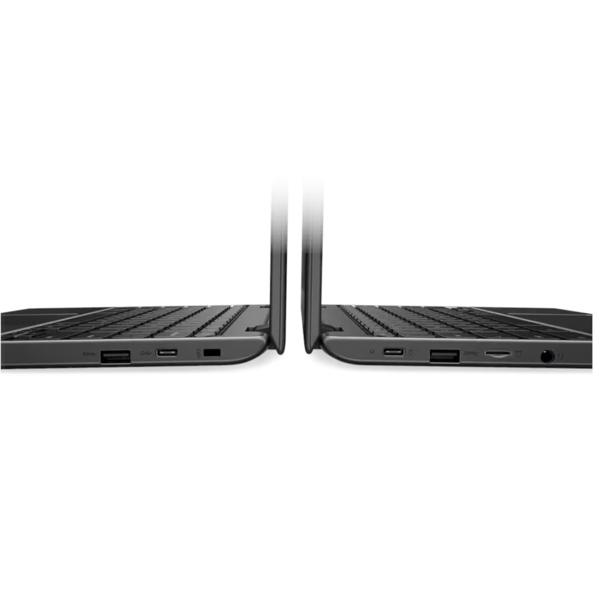 Zwei Laptops nebeneinander, Seitenansicht. Tastaturen und Anschlüsse sichtbar.