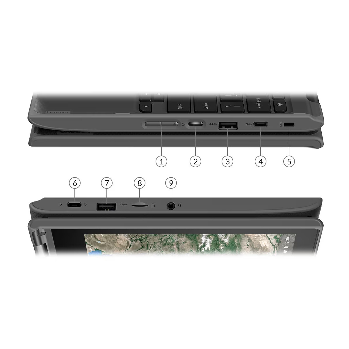 Nahaufnahme der Kanten eines Laptops mit Anschlüssen und Tasten.