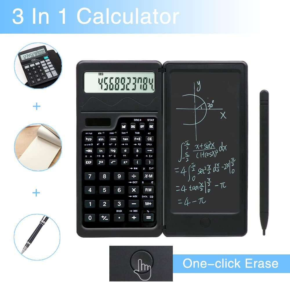 Ein schwarzer 3-in-1-Taschenrechner mit Stift, Notizblock und mathematischen Formeln auf dem Display.
