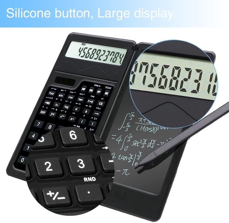Ein schwarzer Taschenrechner mit großem Display und mathematischen Formeln auf einem Notizblock.