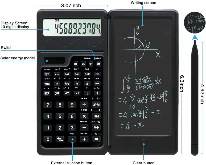 Ein schwarzer, klappbarer Taschenrechner mit einem LCD-Display und einem Schreibbildschirm.
