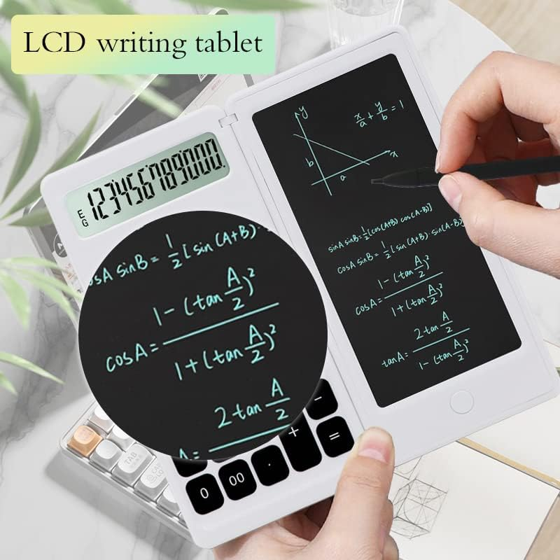 Ein weißes LCD-Schreibtablett mit Taschenrechnerfunktion zeigt mathematische Formeln an.