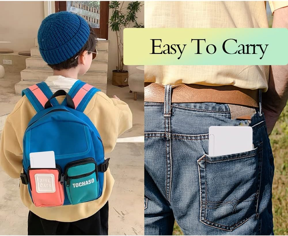 Ein Kind trägt einen blauen Rucksack. Eine Tasche enthält ein Handy. Text: Easy To Carry.