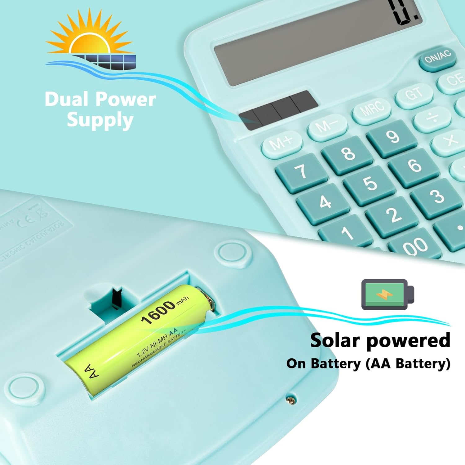 Ein hellblaues Solar-Taschenrechner mit Solarpanel und AA-Batterieabdeckung.