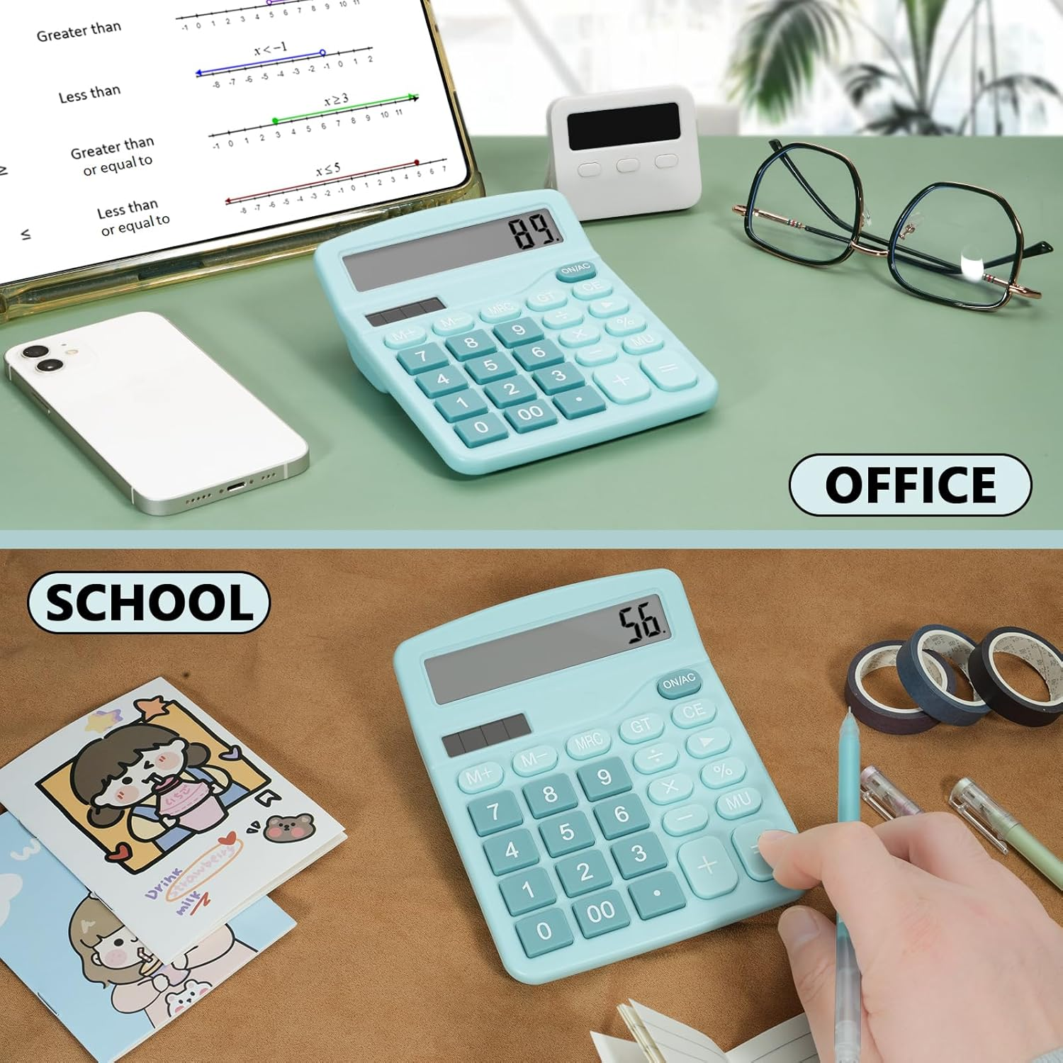Zwei Szenen: Oben Büro mit Handy, Brille, Wecker, Taschenrechner. Unten Schule mit Notizbuch, Taschenrechner und Klebeband.