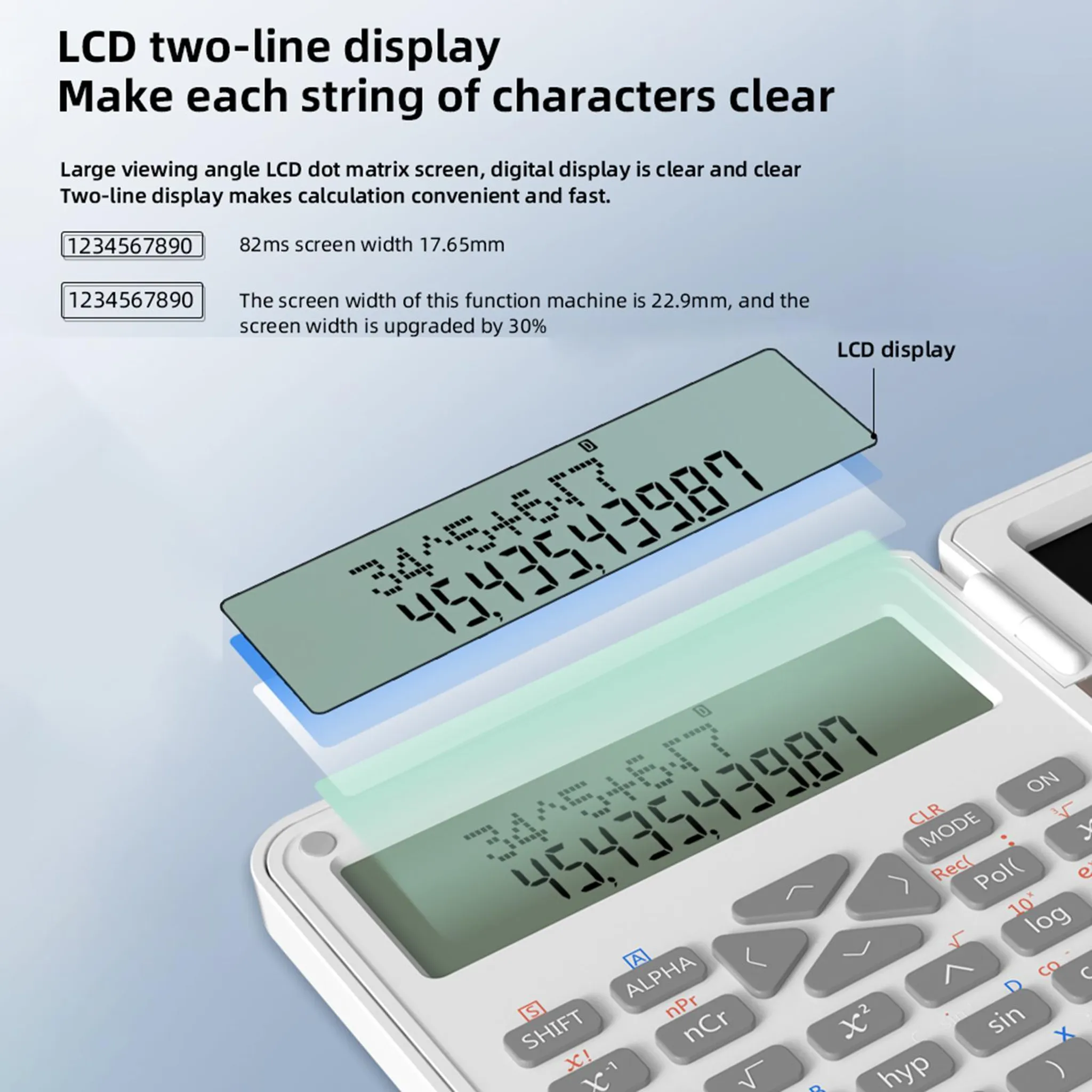 Ein weißer Taschenrechner mit zwei Zeilen LCD-Display, das Zahlen und Symbole anzeigt.