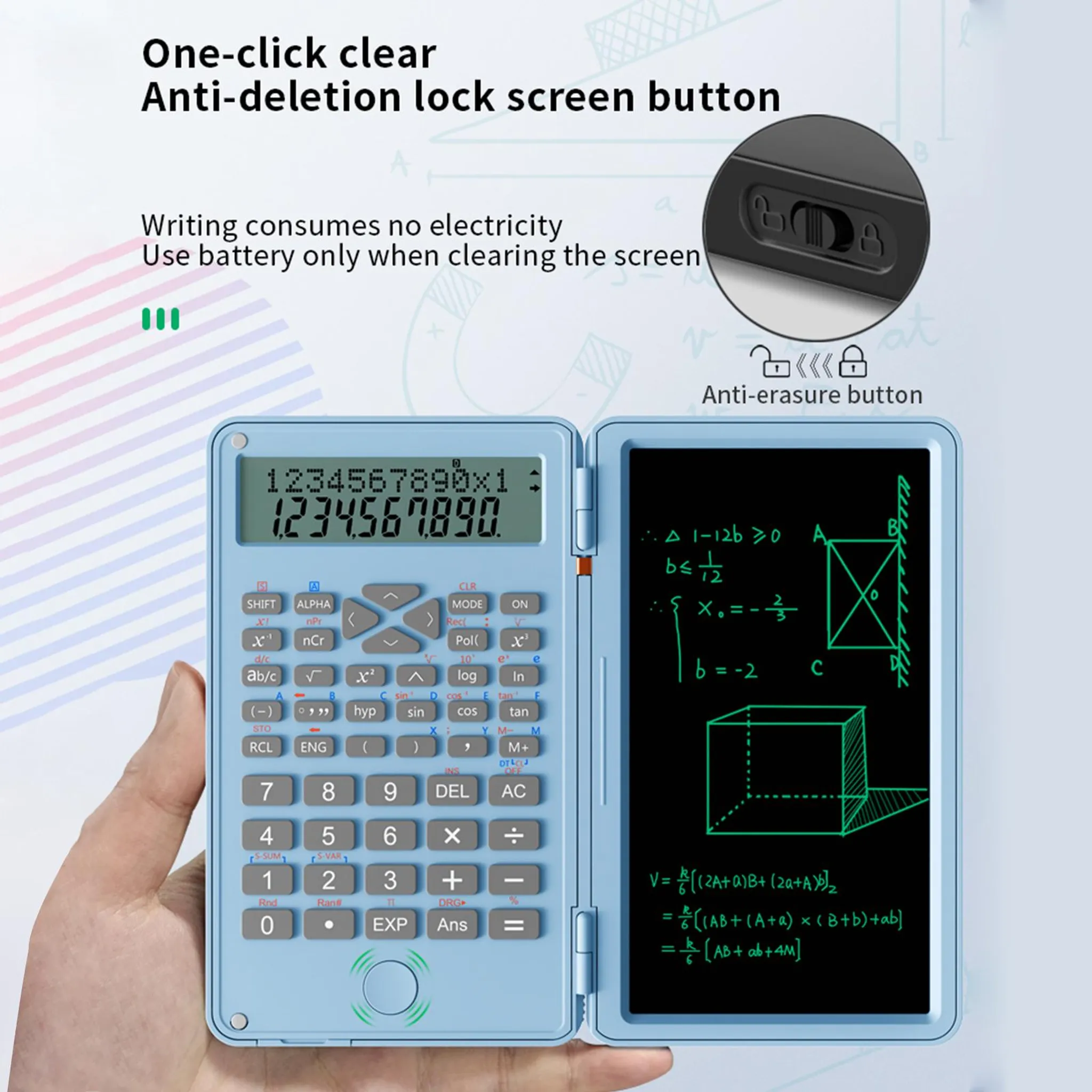 Ein blaues Taschenrechner mit einem LCD-Bildschirm, der Zahlen und mathematische Gleichungen anzeigt.