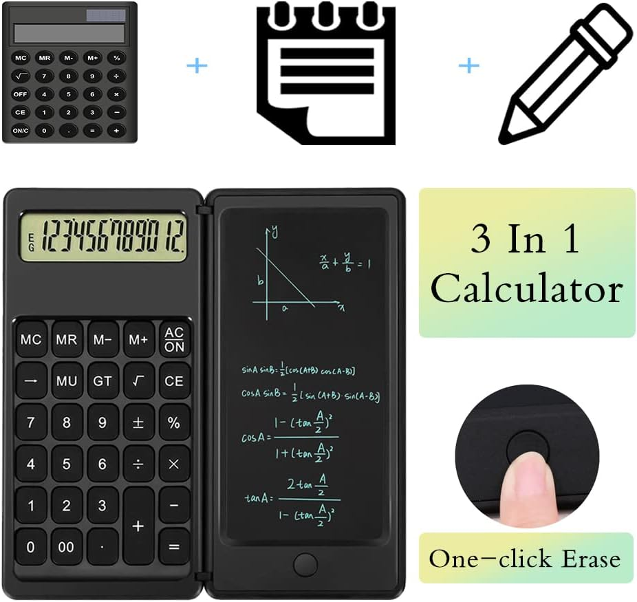 3-in-1-Taschenrechner mit Notizblock und Stift-Symbolen.