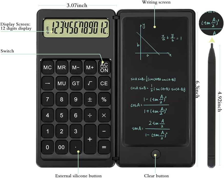 Ein schwarzer Klapprechner mit LCD-Display und Schreibtafel. Maße: 3,07 Zoll Breite.