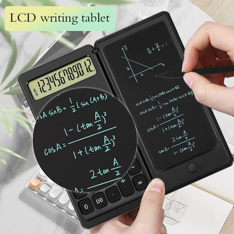 Ein faltbarer Taschenrechner mit LCD-Schreibtafel zeigt mathematische Formeln an.
