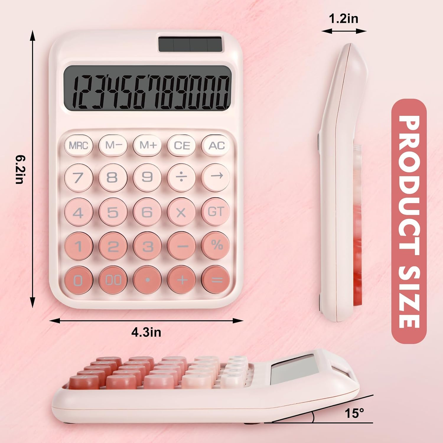 Ein pinker Taschenrechner mit den Maßen 6,2 x 4,3 x 1,2 Zoll wird gezeigt.