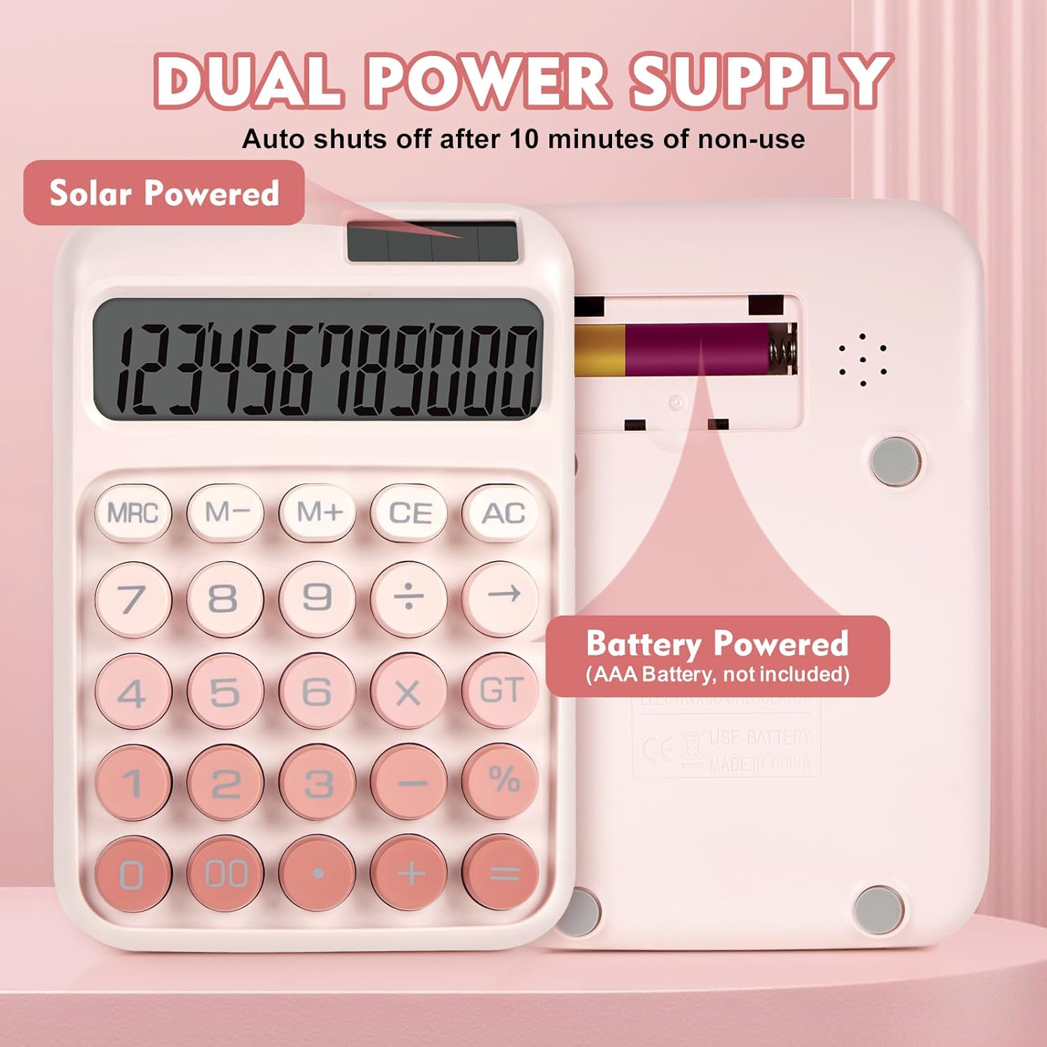 Ein rosafarbener Taschenrechner mit Solar- und Batteriebetrieb, der die Nummern 123456789000 anzeigt.