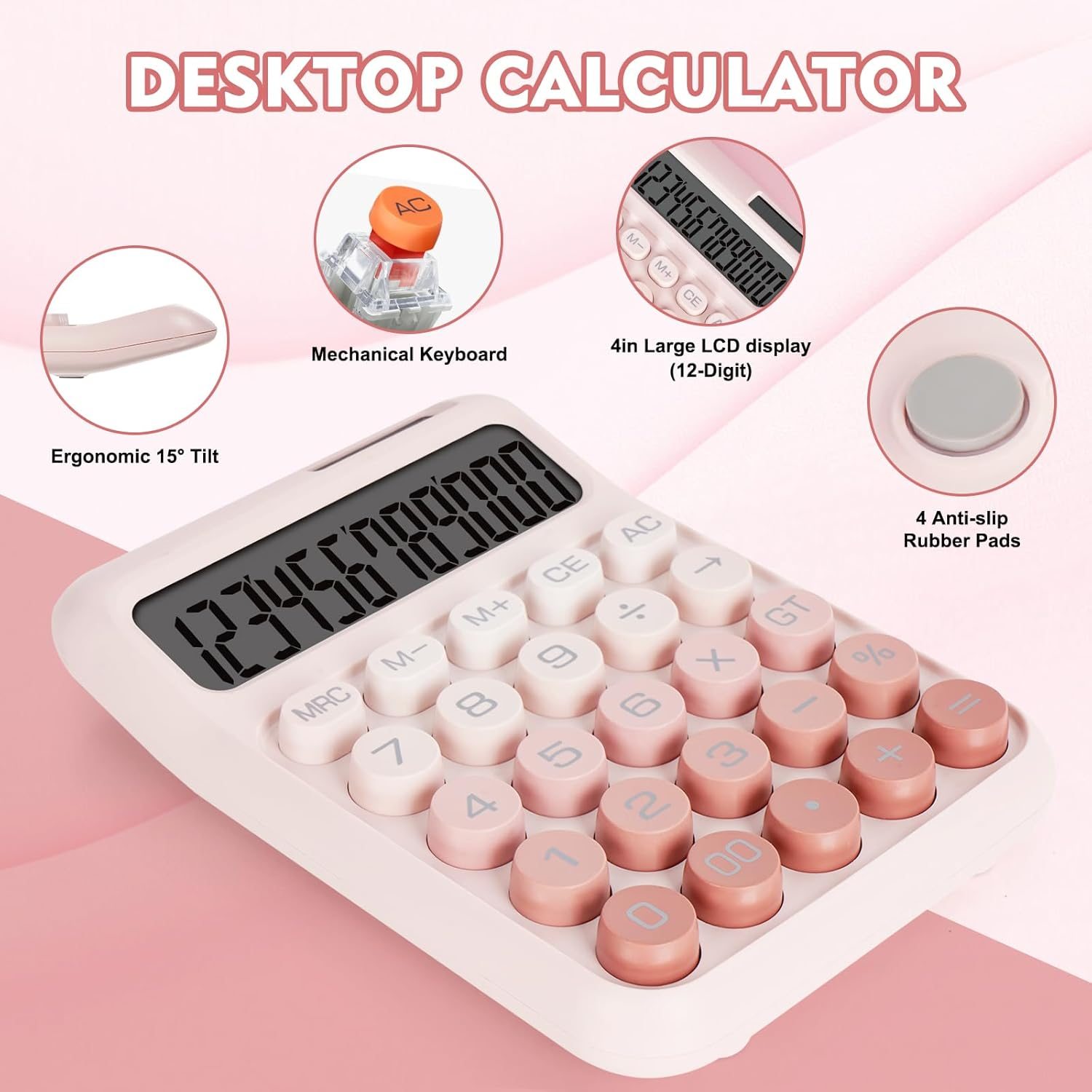 Ein pinker Tischrechner mit großem LCD-Bildschirm und Pastelltasten.