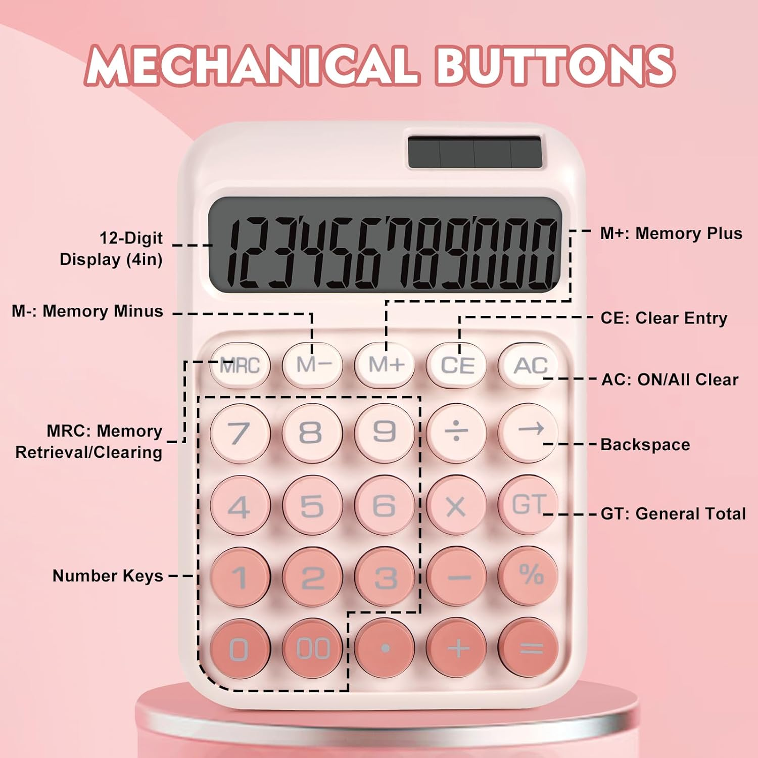 Ein rosafarbener Rechner mit mechanischen Tasten und einem 12-stelligen Display.